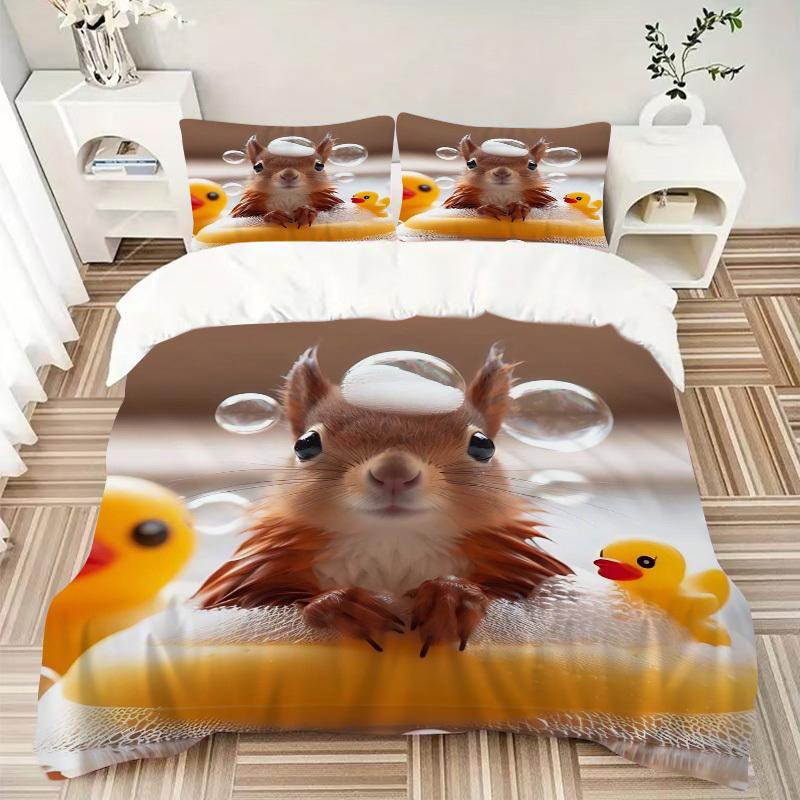 3pcs Anime Squirrel with Duck Bath Time Bedding Set - Includes One Quilt Cover and Two Pillowcases (No Core) - Polyester Fabric - Suitable f
