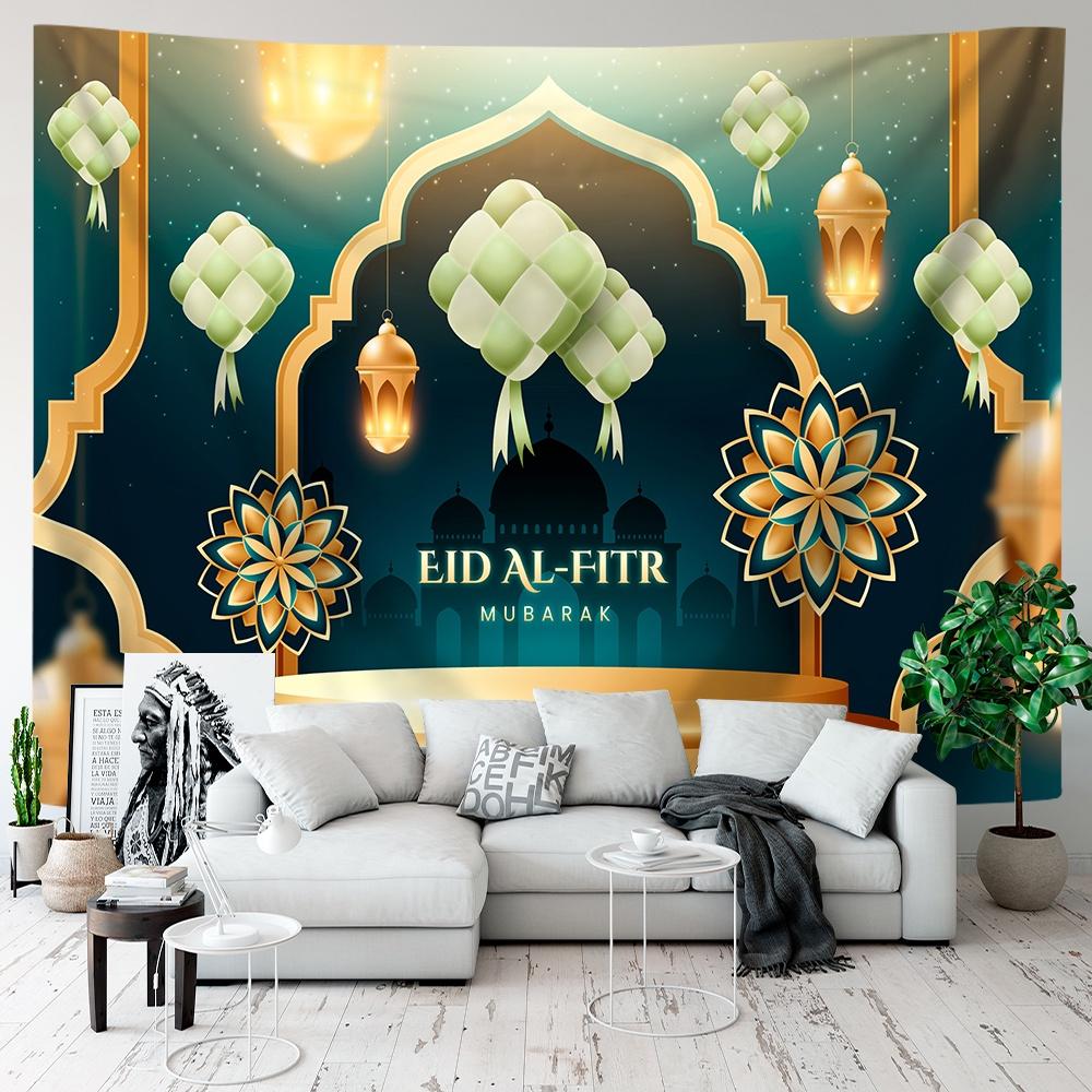 VIKAMA Green Gold Mosque Tapestry Ramadan Kareem Ramadan Wall Hanging Islamic Bedroom Decor Washable Art for Living Room