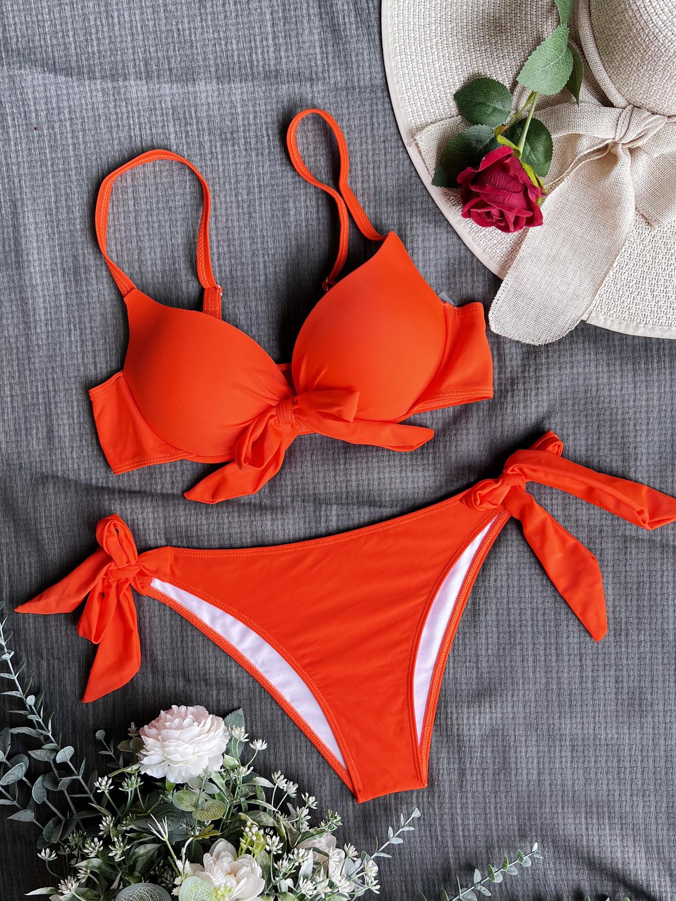 sexy front bow knot push up bikinis two pieces solid swimsuit tie bikini swimsuit Swimwear Biquini conjunto de bikini tankini S
