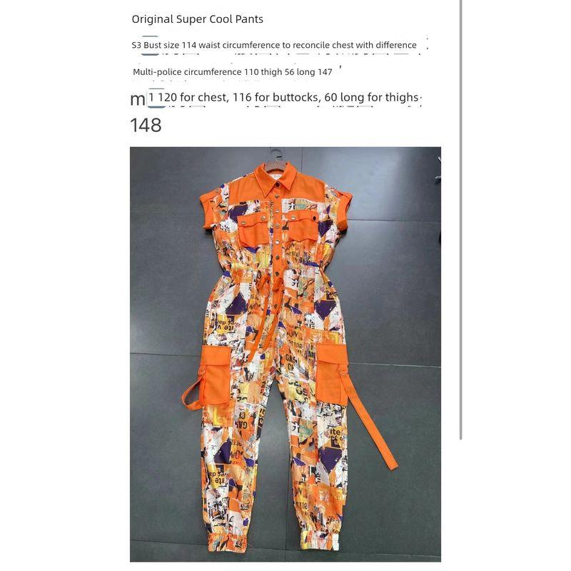 

Export Hipster Street Hip-Hop Fried Street Tooling Style Trendy Loose Orange Jogger Pants Large Pocket Print Jumpsuit Orange Jumpsuit S