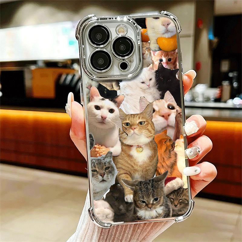 Crying Cats Combine Memes Plating Phone Case For Iphone 16 17 Pro Max Air 16E 14 15 Plus 12 13 Mini Anti-Fall Airabag Cover
