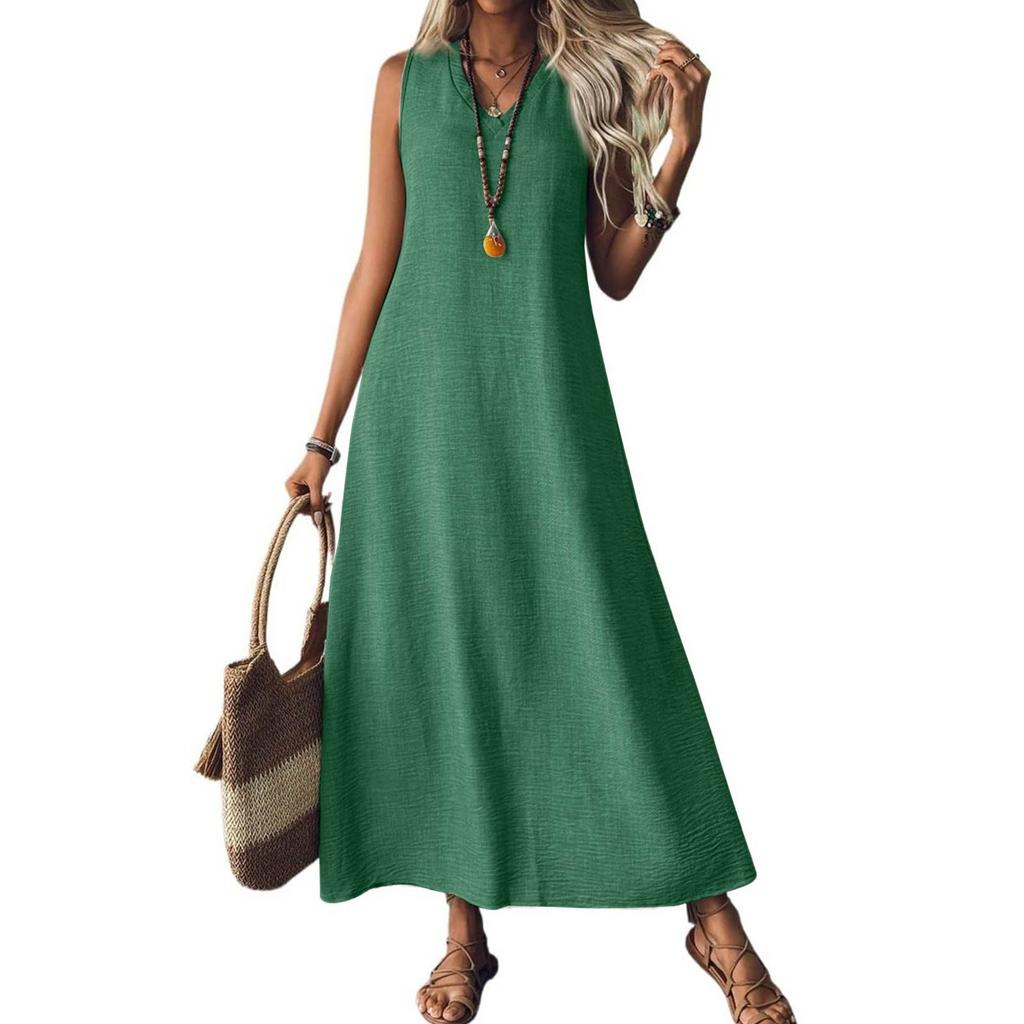 Women's Fashion V-Neck Sleeveless Solid Colour Zip Casual Holiday Long Cotton Linen Dresses