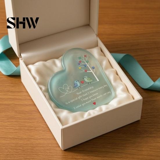 Romantic Heart Decor for Room Shape Acrylic Friendship Ornament with Engraved Verse & Bird Tree, Desktop Decorative Bedside Table Art Home Office