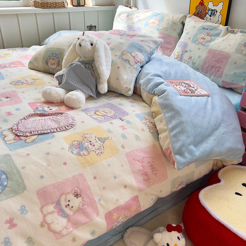 

Girl Heart Printing 200G Double-Spell Thickened Milk Fleece Four-Piece Set 0.9M Bed 0.9m sheet three-piece quilt cover 150 * 200cm