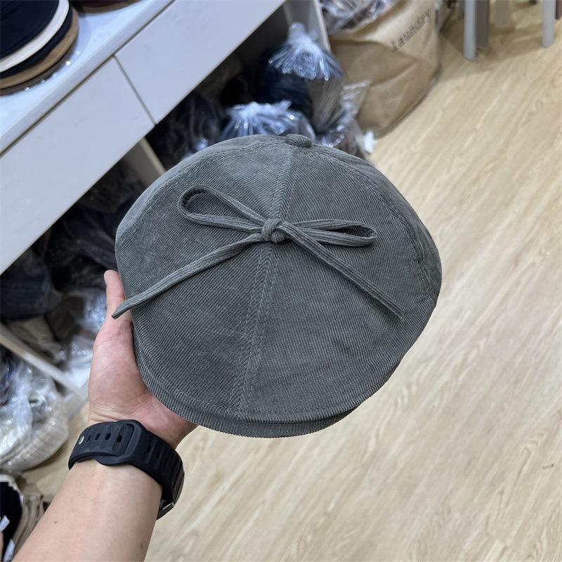 

Твиловый вельветовый кепи для женщин, осенне-зимний теплый, с бантом, для личности, литературный, ретро, кепка с козырьком, тренд M（56-58cm） серый