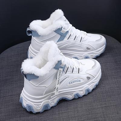 Ordina una taglia in più, Sneakers casual da donna Sneakers robuste con suola spessa color block Scarpe da corsa antiscivolo foderate in peluche caldo