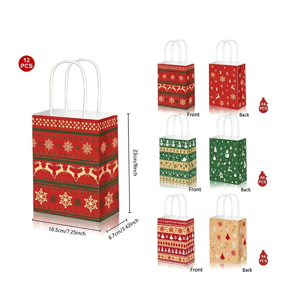 Various Styles Christmas Gift Bags 12 Pcs Kraft Christmas Bags Treat Candy Bags For Gift Wrapping