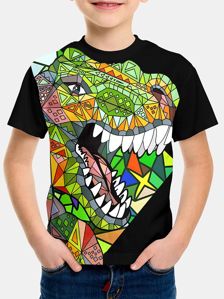 3D Print Digital Dinosaur Boys Creative T-shirt, Casual Lightweight Comfy Short Sleeve Tee Tops, Kids Clothings For Summer
