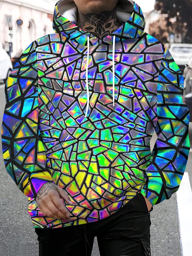 Women Iridescent Rainbow Broken Stained Glass Mosaic Full Print Hoodie Long Sleeve Colorful Street Casual Pullover Sweatshirt