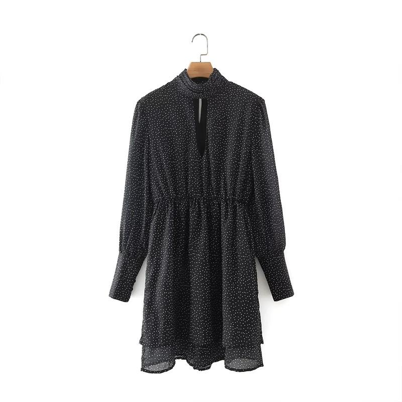 

Женское офисное мини-платье с высокой талией и длинным рукавом, платья с принтом в горошек