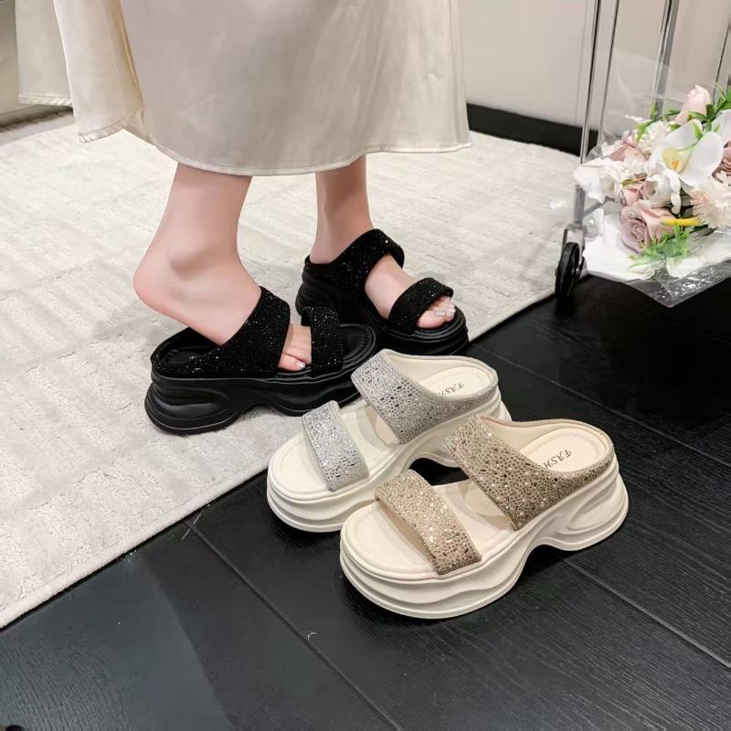 Rhinestone Thick-soled Cool Slippers for Women's Summer Wear with Muffin Shoes, Soft Soles Increase In Height and Look Thin, Versatile and Not Picky