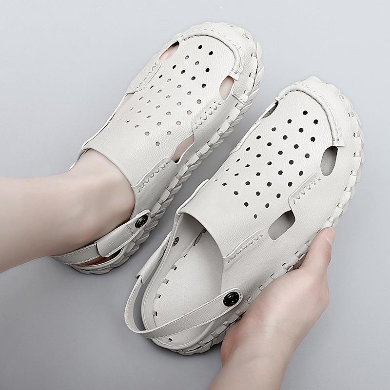 

Модные летние сандалии из кожи класса люкс, нескользящие, удобные мужские туфли, дышащие, полые, мужские, сандалии из мягкой кожи для пляжного отдыха 46 белый