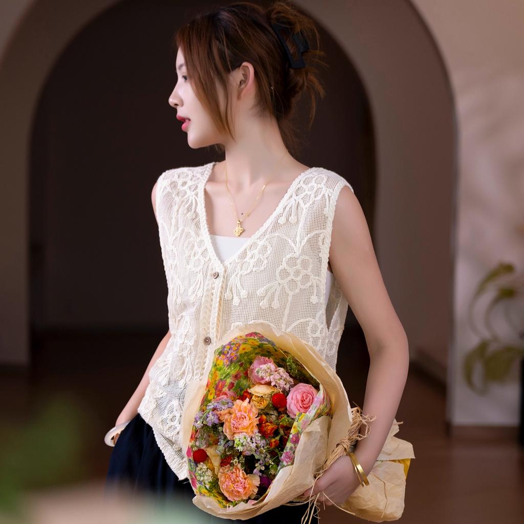 DIMANAF 2025 New Summer T-Shirt Women Basic Knitting Buttons Vest Sleeveless Hollow Style Tops Loose