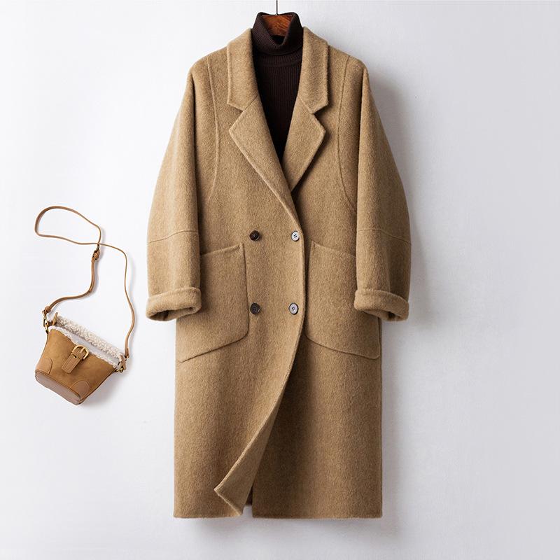 Double-sided Cashmere Hand-sewn Woolen Gray Coat for Women's Autumn and Winter New Loose Medium and Long Thickened Wool Coat