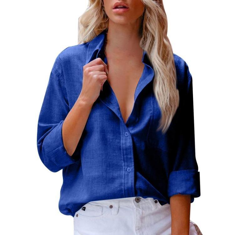 Classic Lapel Blouse Long Sleeve Button Shirt Women's Cotton Linen