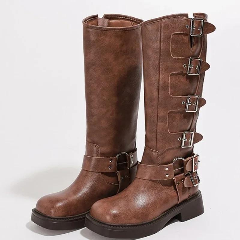 2024 New Hot Selling Knee High High Heels Low Heel Trend Punk Goth New Rock Leather Fashion Women's Boots Motorcycle Shoes