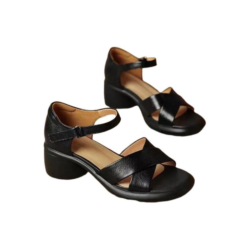 Vintage Softleder-Plateau-Cross-Sandalen mit offenen Zehen für Damen, Sommer 2025, dicker Absatz, Cross mit Ein-Wort-Schnallenriemen, dicke Römerschuhe