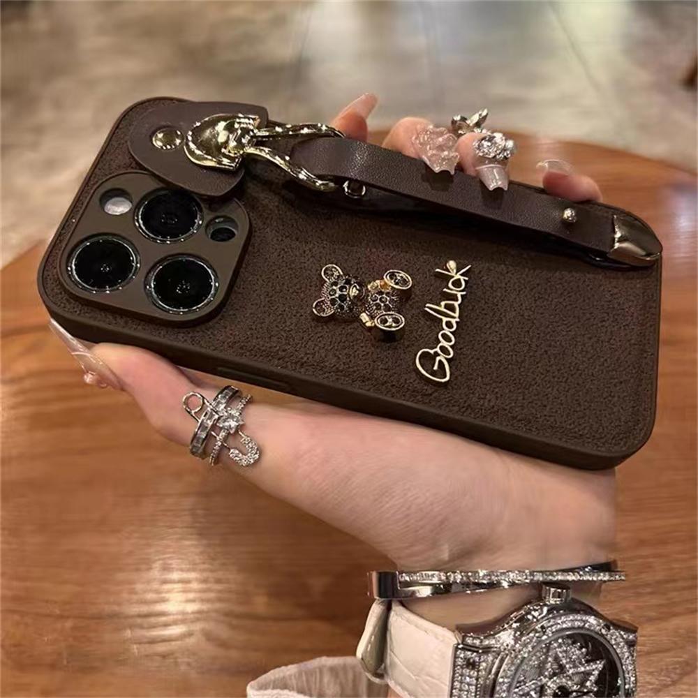 Luxury Leather 3D Bear Wristband Protective Phone Case For iPhone 15 14 13 Pro Max 11 12 Shockproof Cover