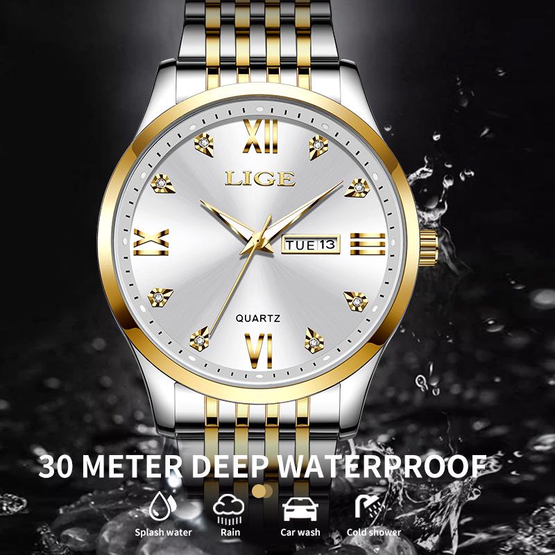 LIGE Men's Large Dial Quartz Watch - Waterproof Luminous with Double Calendar and Steel Strap