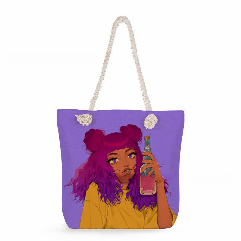 Black Girl Print Thick Rope Single-shoulder Beach Bag 7358