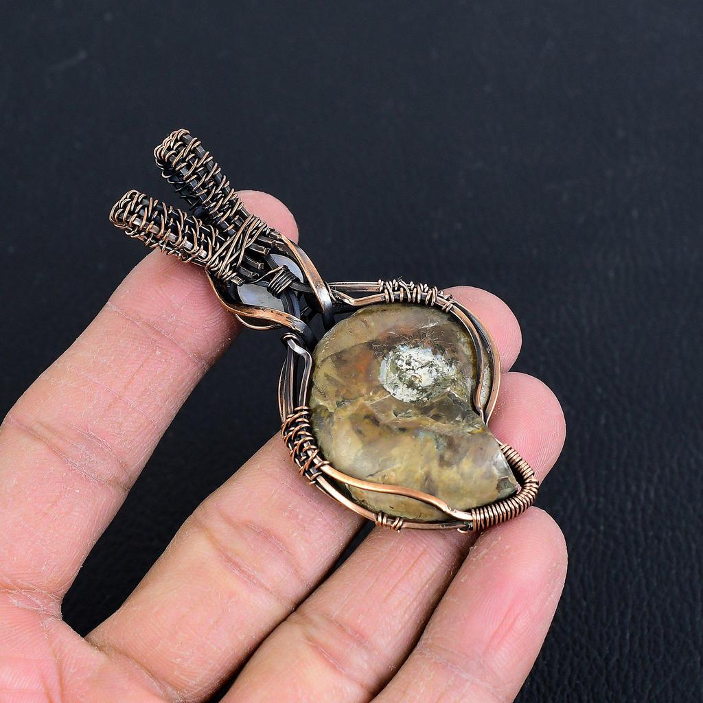 Ammonite Fossil 999 Copper Wire Wrapped Pendant, Handmade Gemstone Jewelry Pendant For Memorial Day