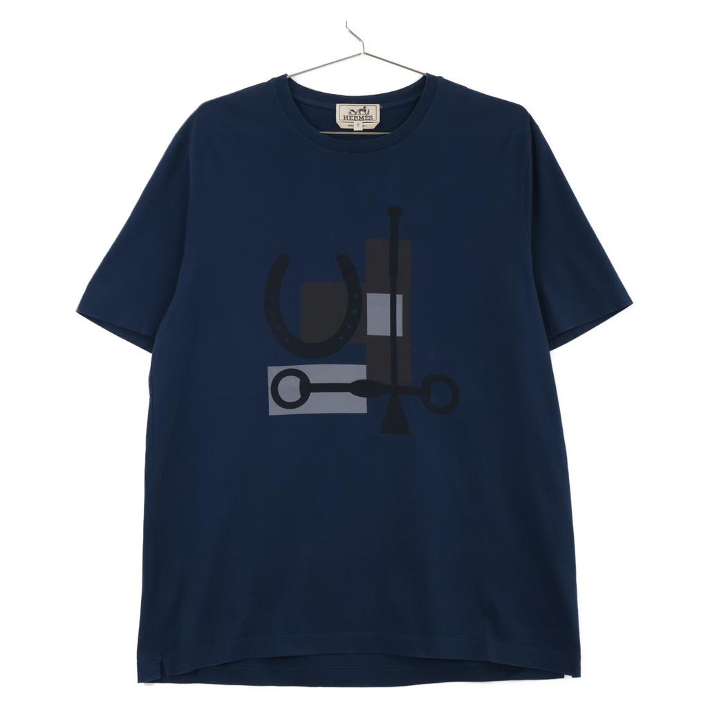 Hermes 100% Cotton Printed T-shirt Tops M NavyUsed