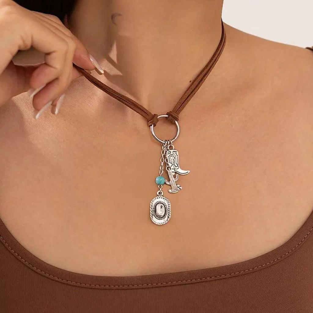 Salircon Classic Cowboy Hat Cactus Boots Pendant Necklace for Women  Vintage Charm Velvet Rope Choker Jewelry Gift New