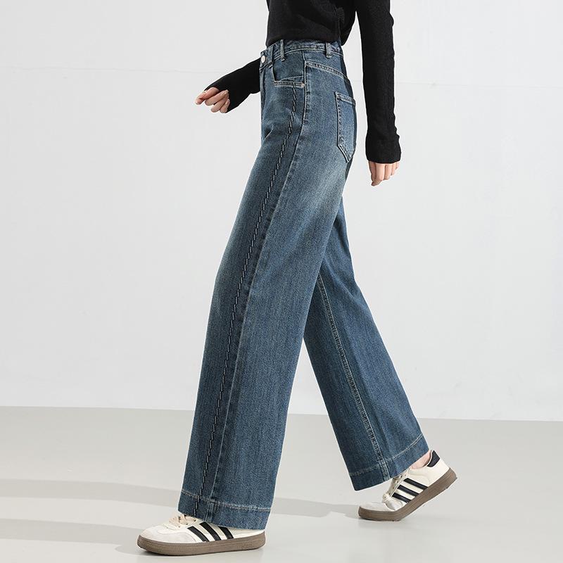 Women's Retro High-Waisted Blue Denim Pants - Slimming, Loose Fit, Narrow-Leg, Perfect for Spring and Autumn 2025
