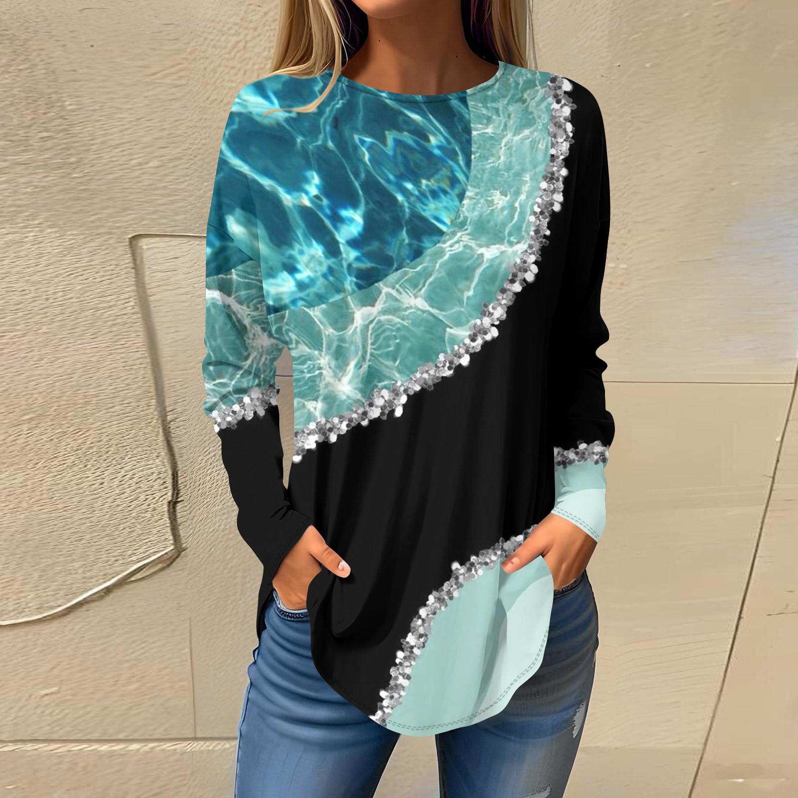 

Женская свободная футболка с круглым вырезом и цветочным принтом, длинный рукав, топ, пуловер, длинный рукав XL синий