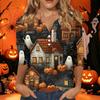 Women's Halloween Printed V-Neck Short Sleeve Tunic with Button and 3/4 Sleeves for Casual Fall Wear