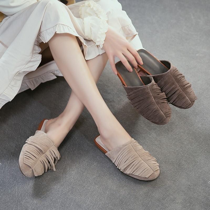 Johnature Chinelos Planos de Moda com Franjas em Camurça de Vaca Leves Confortáveis e Versáteis Sapatos Slip-on Femininos