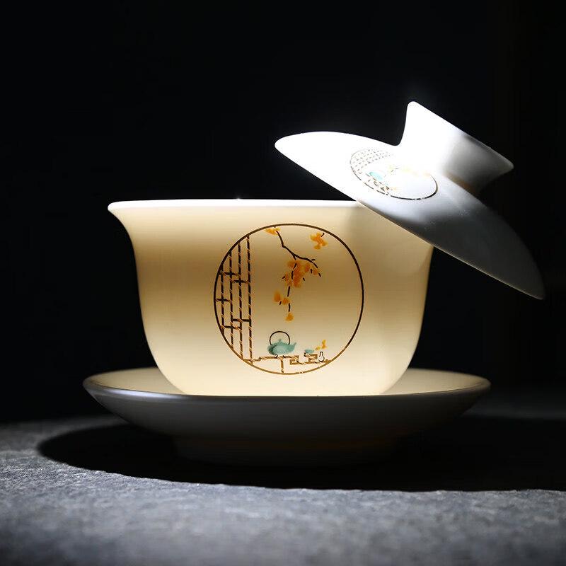Mutton-Fat Jade Style Rotating Lid Gaiwan Teacup