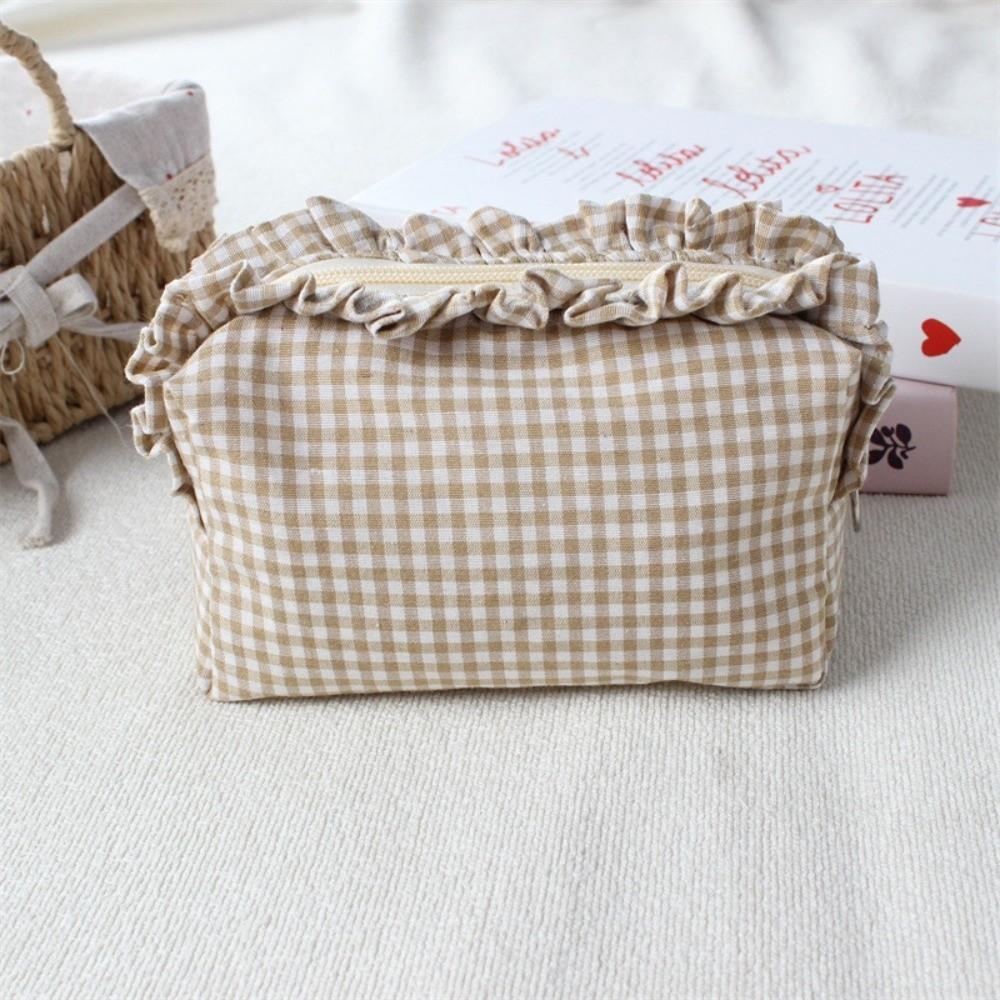 Gingham Plaid Ruffle Edge Makeup Bag Large Capacity Toiletry Bag Plaid Pattern Cosmetic Bag  Travel
