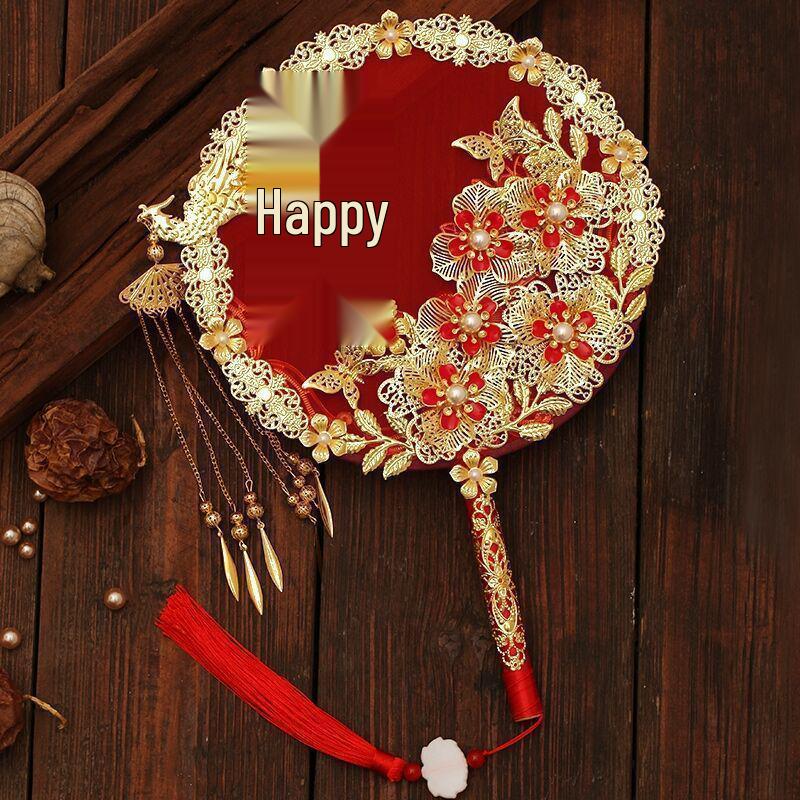 Red Ancient Style Chinese Wedding Fan: Bride's Bouquet & Blessing