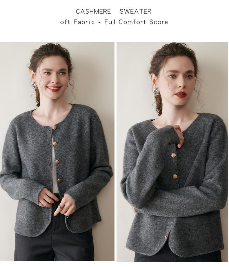 Round Neck Cashmere Cardigan for Women - Autumn/Winter Thick Knit Sweater Coat.
