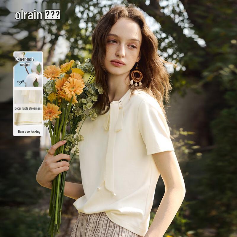 Olrain Women s Detachable Ribbon French Short Sleeve T-Shirt M