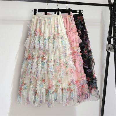 DIMANAF 2025 Sommer Damen Neue Röcke Elastischer Bund Blume Plissee Mesh Elegante Röcke