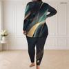 Women Plus Size Round Neck Long Sleeve Neon Print Longline Top Fitted Pants Two Piece Set