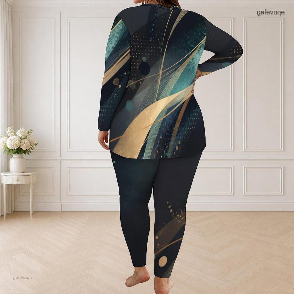 Women Plus Size Round Neck Long Sleeve Neon Print Longline Top Fitted Pants Two Piece Set