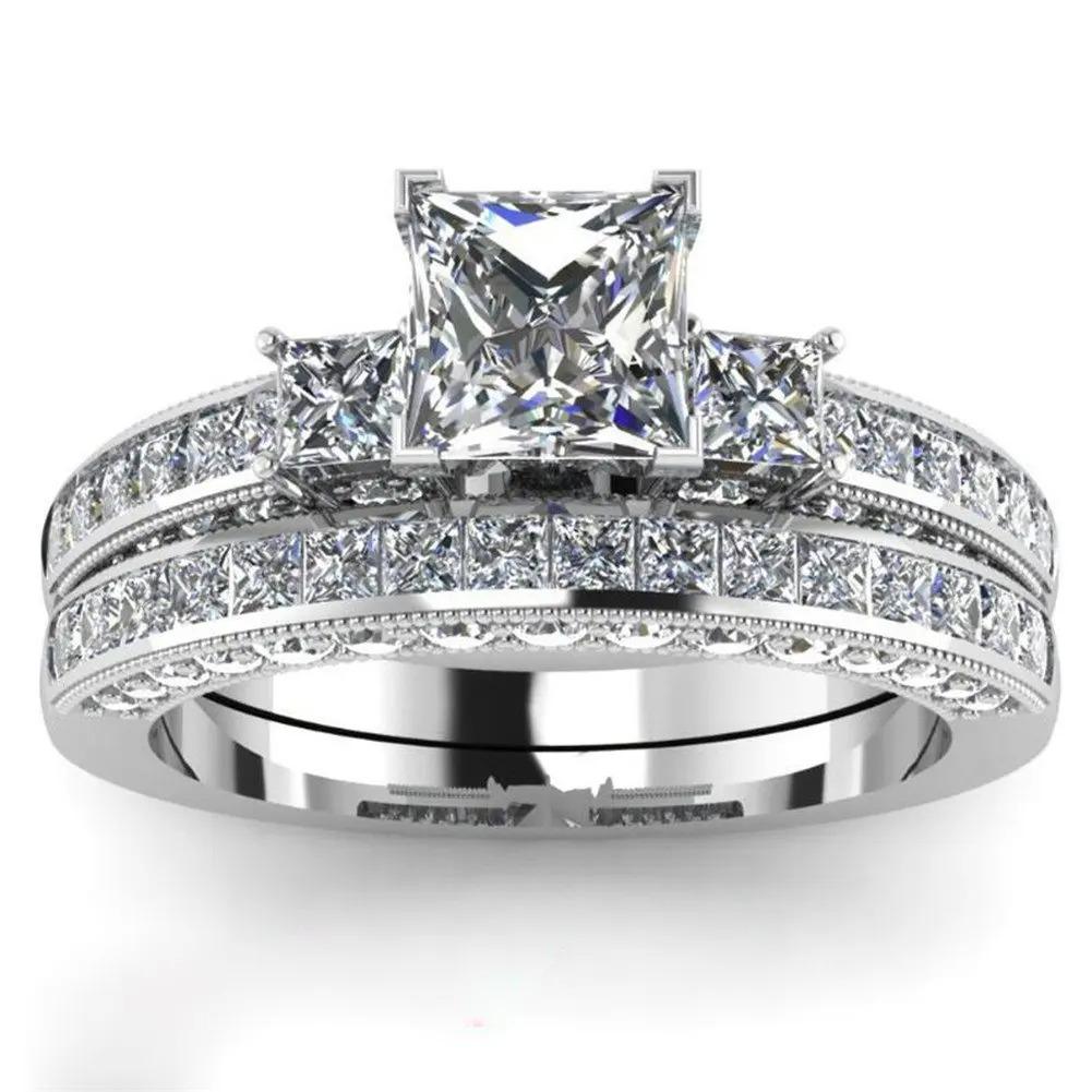 Couple Rings For Women White Rhinestones Zirconia Rings Set Simple CZ Stainless Steel Men Ring Wedding Jewelry For Lover Gifts