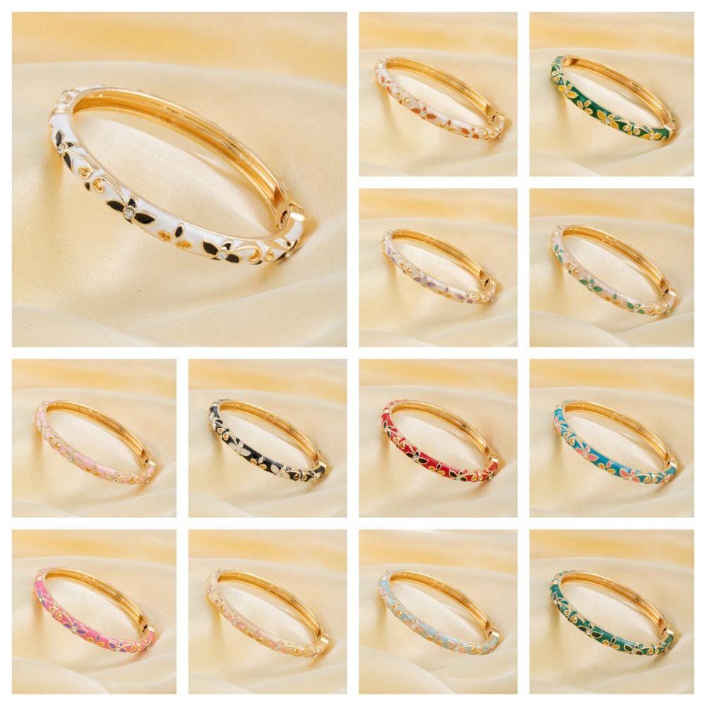 Exquisite Painting Enamel Flower Bangle Lightweight Metal Rhinestone Thin Bracelet Beach Vacation