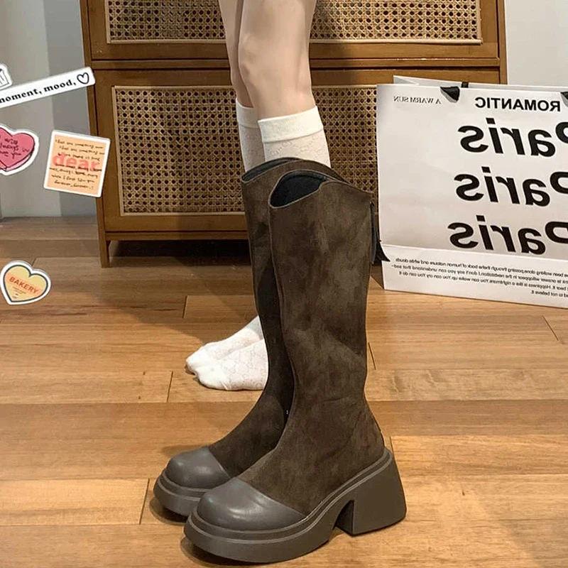 Fashion Thick Heel Women Knee High Boots Fashion Square Toe Shoes Winter Laides Concise Knight Long