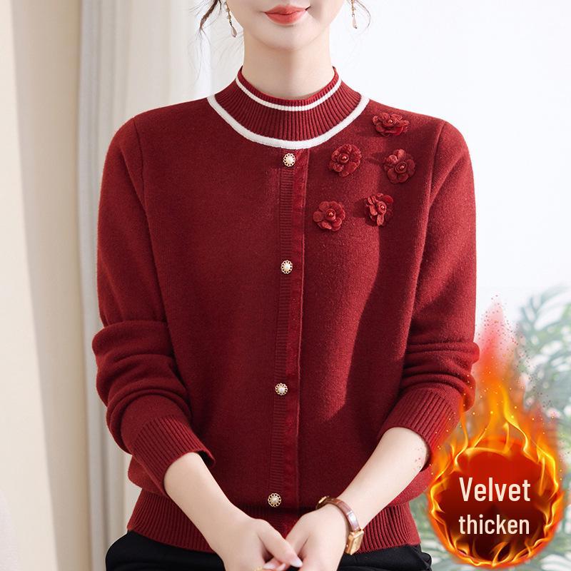 

Stylish Plus Velvet Knit Sweater for Middle-Aged & Elderly Women - Warm Winter Base Layer 5XL [70-75 kg]