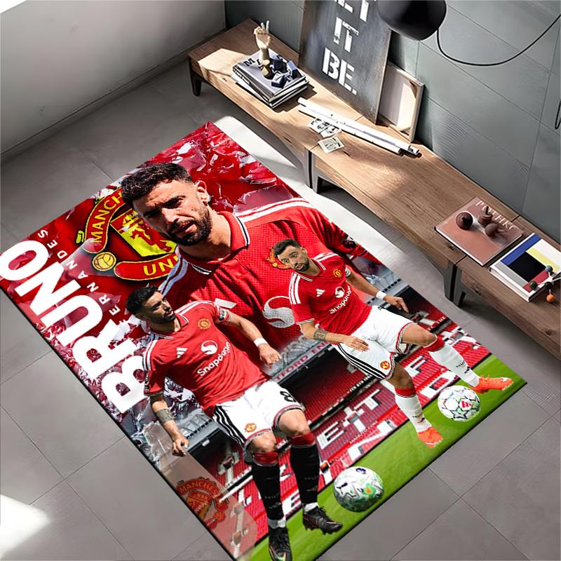 Soccer Star Area Rug, Bruno Fernandes Manchester United 8 Red Old Trafford Print, Football Fan Decor, Non-Slip Carpet