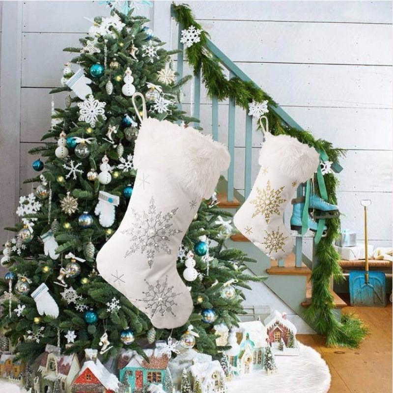 Christmas Plush Stocking With Pearl Snowflake Festive Hanging Decor Holiday