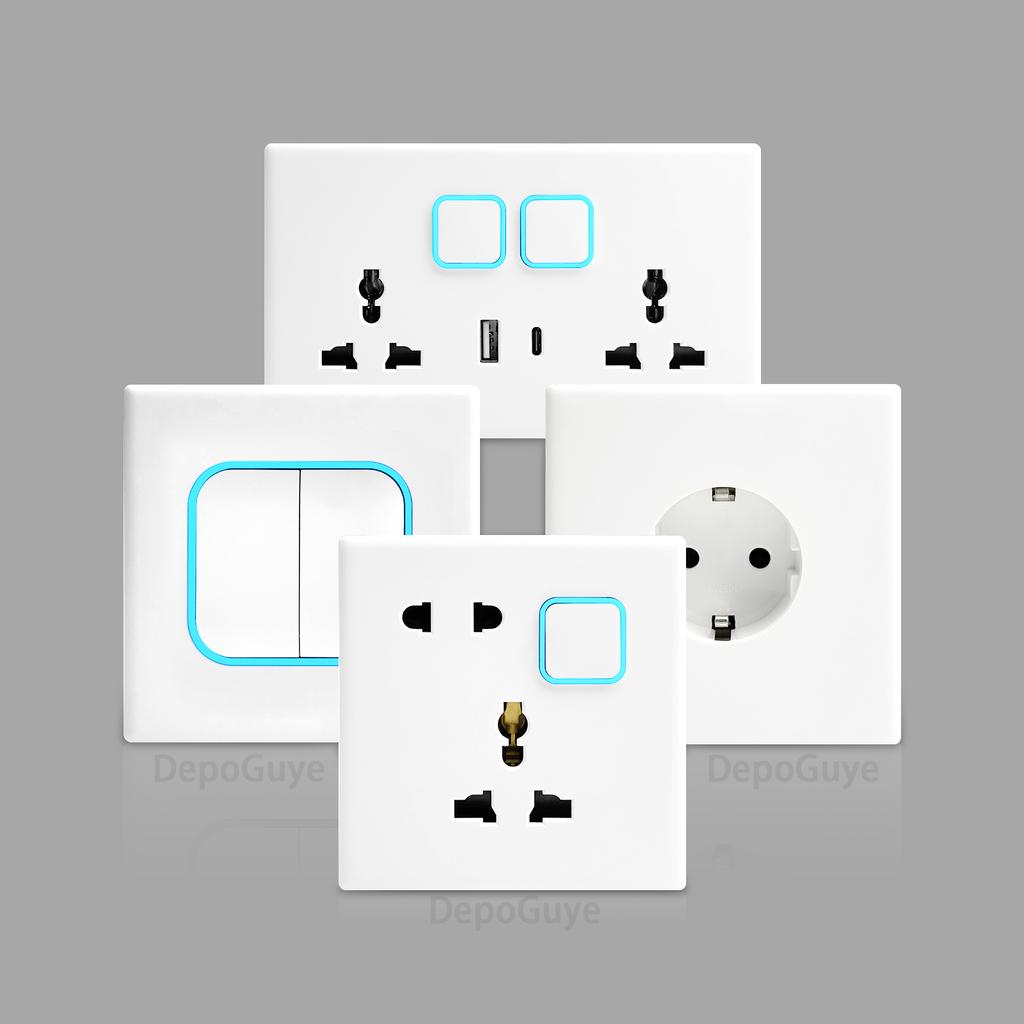 White 1 2 3 4 Gang Button Light Switch Panel Blue LED Indicator,UK Standard Wall Socket Universal Dual 3Pin USB C Power Outlet
