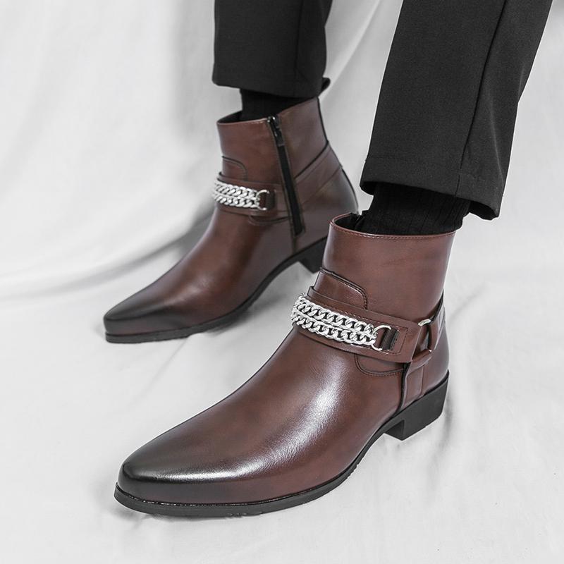 Fashion Trendy Western Cowboy Leather Boots Quality Non Slip and Wear-resistant Sole Casual Boots Side Zipper Comfort High Top Men Boots