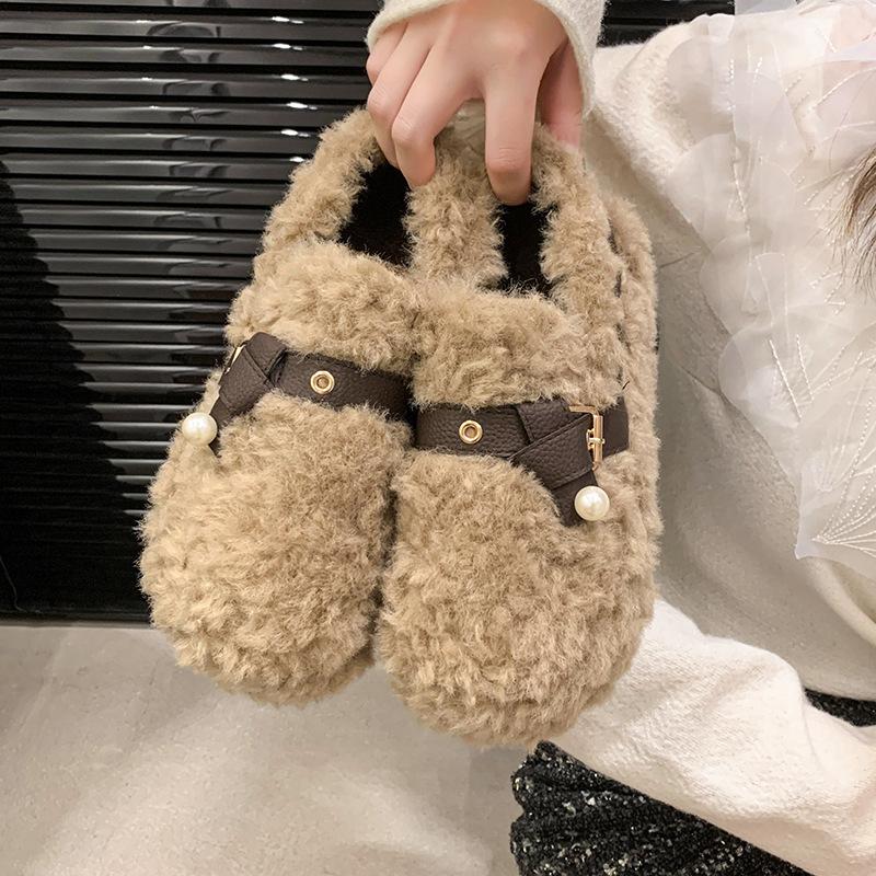 Dicksohlige flauschige Schuhe für Damen zum Ausgehen 2025 Herbst und Winter neue Zehentrenner mit Samt zum Warmhalten INS Zuhause Baumwollpantoffeln