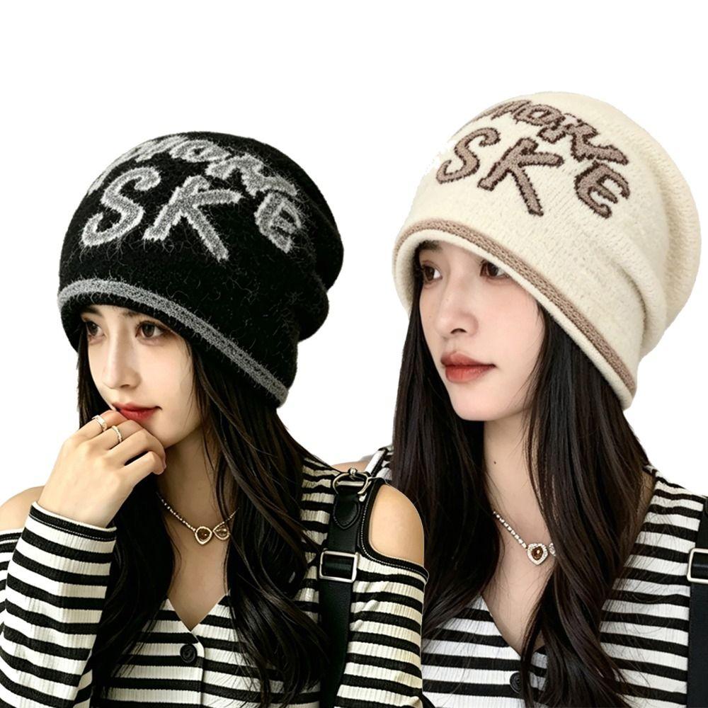 Jacquard Letter Beanie Knitted Hat Windproof Bucket Hat Versatile Beanies Hat Autumn Winter