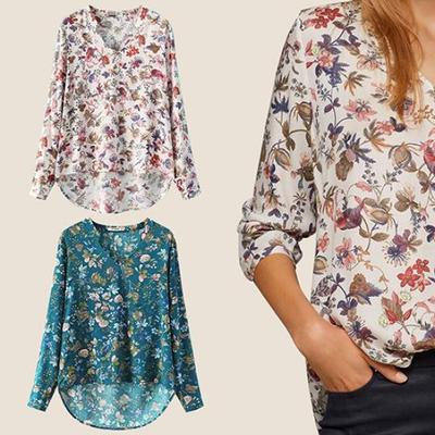 Women's Vintage Style Flower Print V Neck Long Sleeve Cotton Shirt Blouse Top
